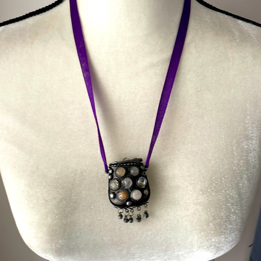 UNIQUE Bronze Pill Box Necklace w/Gemstones and Ribbon Necklace - Picture 3 of 6